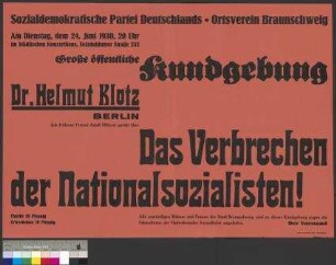 Plakat der SPD zu einer öffentlichen Kundgebung am 24. Juni 1930 in Braunschweig