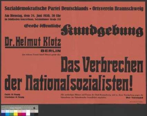 Plakat der SPD zu einer öffentlichen Kundgebung am                                         24. Juni 1930 in Braunschweig
