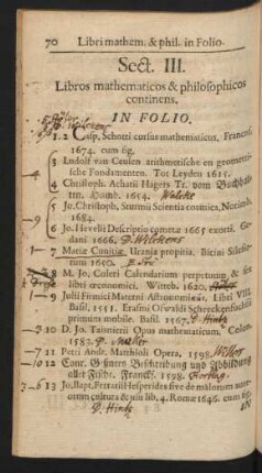Sect. III. Libros mathematicos & philosophicos continens.