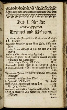 Das I. Register derer angezogenen Exempel und Historien.