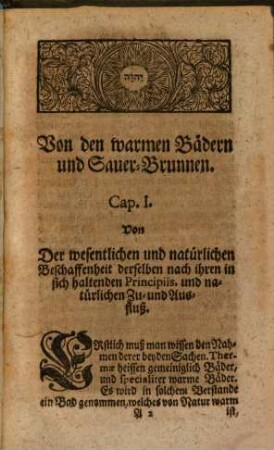 Gründlicher Physicalischer und Medicinalischer Discurs eines berühmten Medici in Berlin von den Warmen Bädern und Sauer-Brunnen : Darinnen Sowohl derselben Natur-gemässe Beschaffenheit überhaupt nach ihren Principiis ... beschrieben ... wird