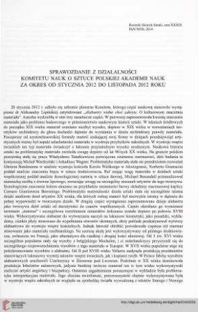 39: Sprawozdanie z działalności Komitetu Nauk o Sztuce Polskiej Akademii Nauk za okres od stycznia 2012 do listopada 2012 roku