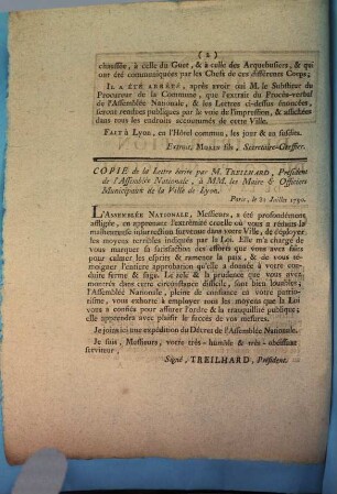 Délibération du Corps Municipal de la ville de Lyon : Cejourd'hui Mardi 3 Août 1790 ...