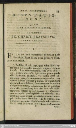 Disputatio Nona Quam D. XXII. Mart. MDCCLX. Defendit Io. Christ. Brauserus, Ratisbonens