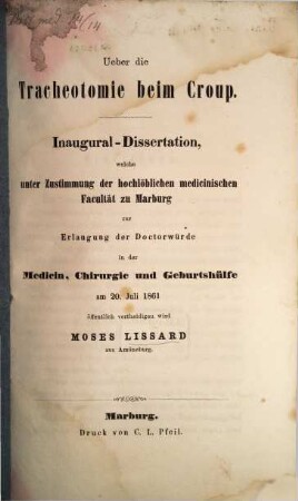 Ueber die Trachéotomie beim Croup : Inaug. Diss.
