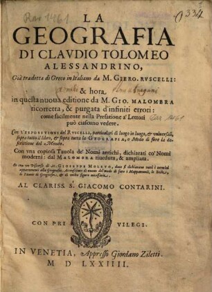 La Geografia Di Clauvdio Tolomeo Alessandrino, [0]. [Hauptwerk]