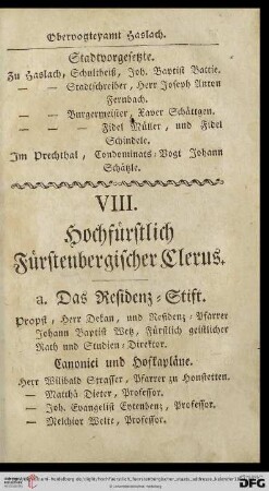 VIII. Hochfuerstlich Fuerstenbergischer Clerus