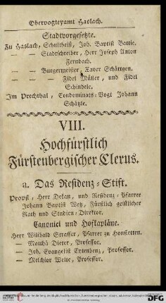 VIII. Hochfuerstlich Fuerstenbergischer Clerus