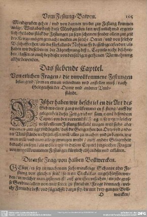 Von etlichen Fragen/die unvollkommene Festungen belangend/so man etwan verordnen und anstellen muß/nach Gelegenheit der Oerter und anderer Umbstände.