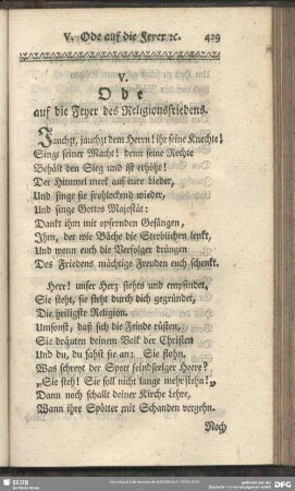 V. Ode auf die Feyer des Religionsfriedens