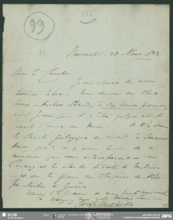 Eigenh. Brief von Roderick Impey Murchison an August Wilhelm von Schlegel, London, 28.03.1832