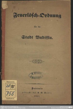 Feuerlösch-Ordnung für die Stadt Budissin