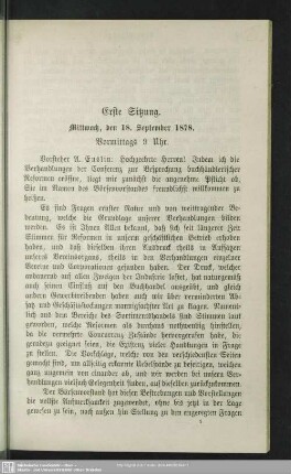 Erste Sitzung. Mittwoch, den 18. September 1878