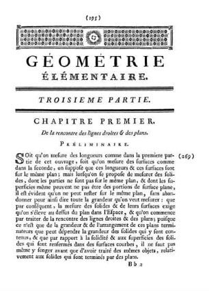 Géométrie Élémentaire. Troisième Partie. De la rencontre des lignes droites et des plans.