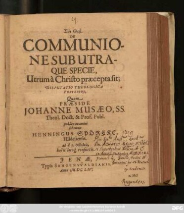 De Communione Sub Utraque Specie, Utrum a Christo praecepta sit; Disputatio Theologica Posterior