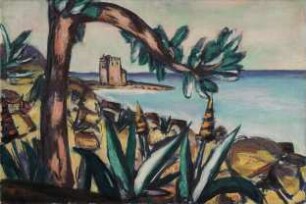 Meerlandschaft mit Agaven und altem Schloss