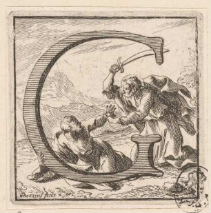 Initiale G (der heilige Petrus schlägt Malchus ein Ohr ab), aus: Clementis undecimi pontificis maximi Homiliae, Rom: Salvioni 1722, S. 1