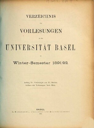 Verzeichnis der Vorlesungen. 1891/92. WS.