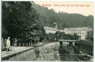 Karlsbad. Partie an der Tepl mit Grand Hotel Pupp