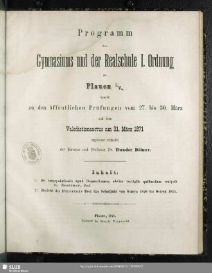 1870/71: Programm des Gymnasiums und der Realschule I. Ordnung zu Plauen