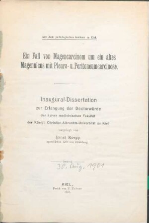 Ein Fall von Magencarcinom um ein altes Magenulcus mit Pleura- u. Peritoneumcarcinose