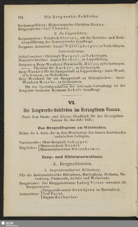 VI. Die Bergwerks-Behörden im Herzogthum Nassau