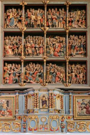 Frankreich. Bretagne. Finistere. Crozon. Eglise de Crozon. Klappen Retabel der 1000 Märthyrer. 1624. Detail