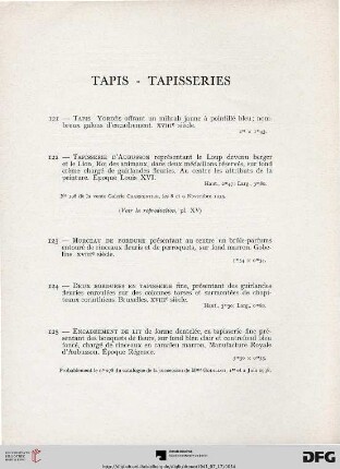 Tapis - tapisseries avec planche XVI (Nr. 121-125)