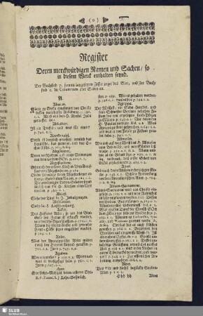 Register Deren merckwürdigen Namen und Sachen, so in diesem Werck enthalten seynd