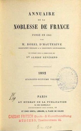 Annuaire de la noblesse de France. 48. 1892