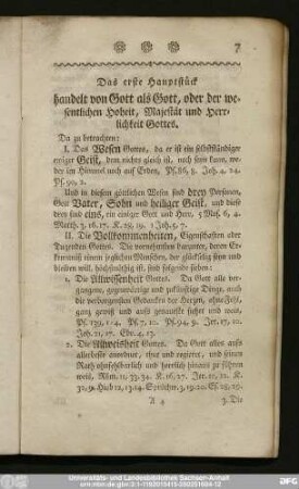 Das erste Hauptstück handelt von Gott als Gott, oder der wesentlichen Hoheit, Majestät und Herrlichkeit Gottes.