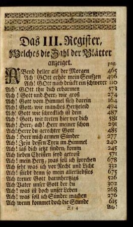 Das III. Register, Welches die Zahl der Blätter anzeiget