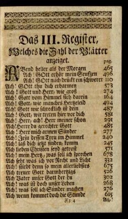 Das III. Register, Welches die Zahl der Blätter anzeiget