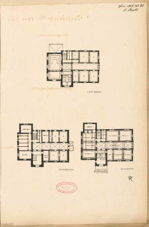 Rathaus, Rastenburg Monatskonkurrenz Juni 1884: Grundriss Keller, Erdgeschoss, Obergeschoss