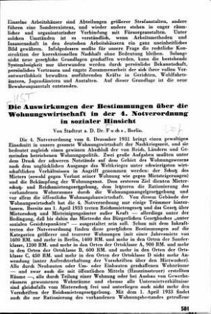 Die Auswirkungen der Bestimmungen über die Wohnungswirtschaft in der 4. Notverordnung in sozialer Hinsicht