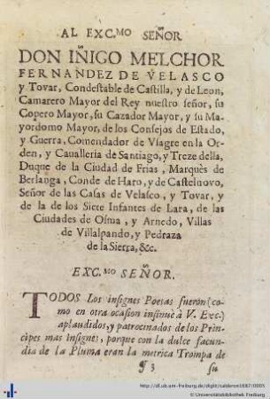 Al exc. señor Don Iñigo Melchor Fernandez de Velasco.