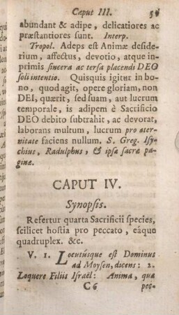 Caput IV. Synopsis. Refertur quarta Sacrificii species, scilicet hostia pro peccato, eáque quadruplex. &c.
