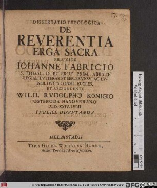 Dissertatio Theologica De Reverentia Erga Sacra