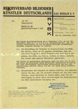 Schreiben des Reichsverbandes Bildender Künstler Deutschlands, Gau Berlin, an die Künstlervereinigung "Die Zeitgemäßen" (Die Abstrakten) zur Mitgliedschaft - Sachkonvolut
