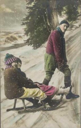 [Mann und Mädchen mit Schlitten]