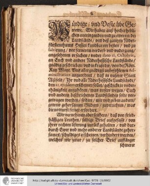 Landtags Außschreiben Von Uns Georgen/ Von Gottes Gnaden/ Landgrafen zu Hessen