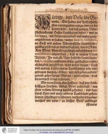 Landtags Außschreiben Von Uns Georgen/ Von Gottes Gnaden/ Landgrafen zu Hessen