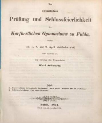 1851: Zur öffentlichen Prüfung und Schlussfeierlichkeit des Kurfürstlichen Gymnasiums zu Fulda