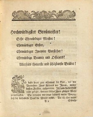 Von der Nothwendigkeit einer frühen Zubereitung zum Tode : Eine Rede, bey dem Antritte des Redneramtes gehalten und abgelesen an einem Versammlungstage in der gerechten und vollkommenen Loge, die wachsende zu den dreien Schlüßeln in Regensburg von dem Bruder Redner. 5.7.72.