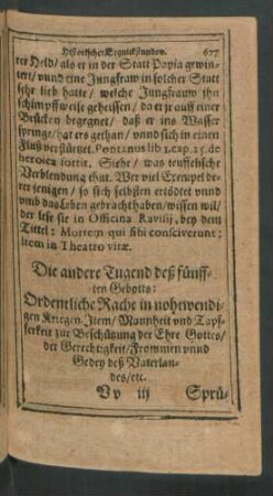 Die andere Tugend deß fünfften Gebotts: Ordentliche Rache in nohtwendigen Kriegen. ...