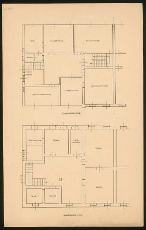 Entwurf zu einem Doppelwohnhaus: Grundrisse Kellergeschoss und Dachgeschoss 1:50