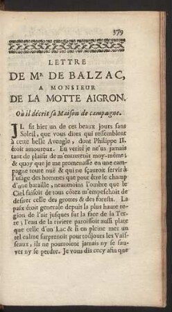 Lettre de Mr de Balzac, a Monsieur de la Motte Aigron.
