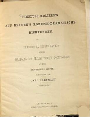 Einfluss Molière's auf Dryden's komisch-dramatische Dichtungen