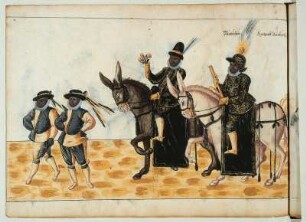 Kurfürst August mit Sonnenhut und goldenem Regimentsstab und vornehmer Begleiter mit Rosensträußchen auf Maultieren in der Midas-Invention, voraus zwei Lakaien, Blatt 77 (Seite 81 b)