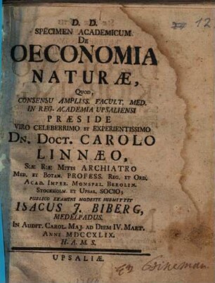 Specimen acad. de oeconomia naturae